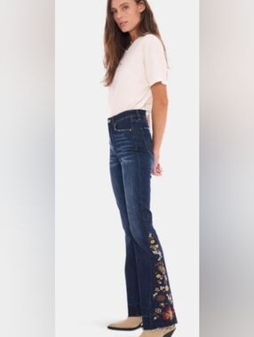 Ashley Mason Dark Wash Flare Jeans with Multicolor Floral Embroidery
